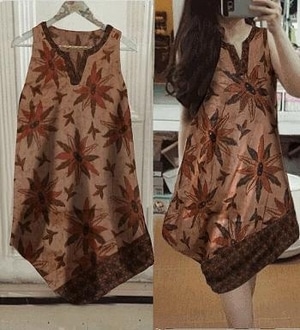 Baju Mini Dress  Pendek  Lengan  Buntung Motif Batik  Modern 