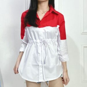 Baju Kemeja Wanita Merah Putih Aplikasi Tali Kerut Modis